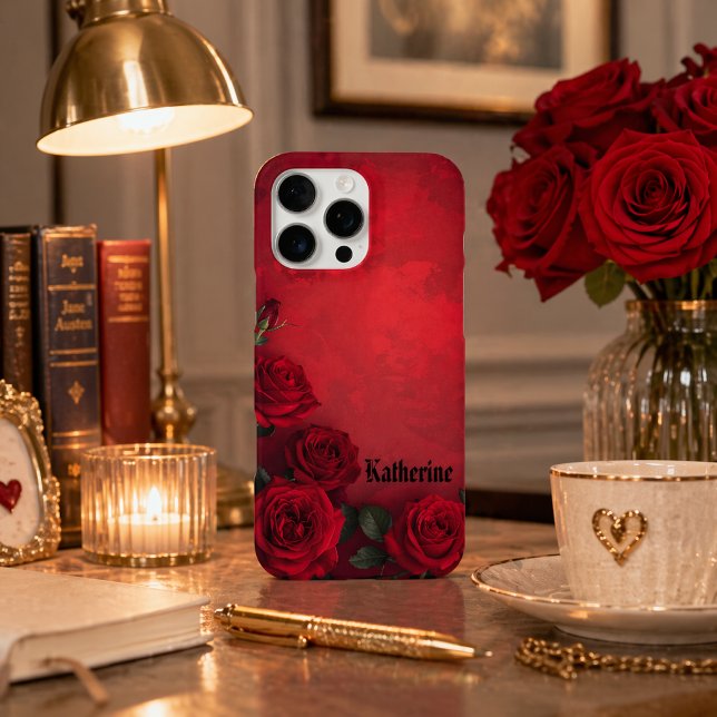 Elegant Gothic Red Roses Custom Name iPhone Case (Creator Uploaded)