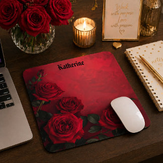 Elegant Gothic Red Roses Custom Name Mouse Pad