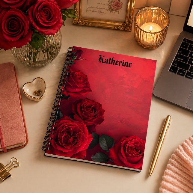 Elegant Gothic Red Roses Custom Name Notebook (Creator Uploaded)
