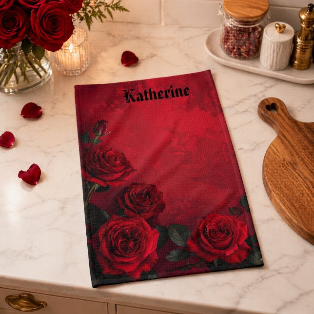 Elegant Gothic Red Roses Custom Name Tea Towel (Creator Uploaded)