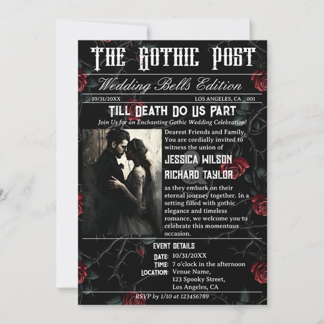 Elegant Gothic Roses Newspaper Photo Black Wedding Invitation (Front)