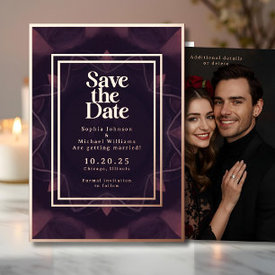 Elegant Gothic Save the Date Photo Deep Purple  Foil Holiday Card