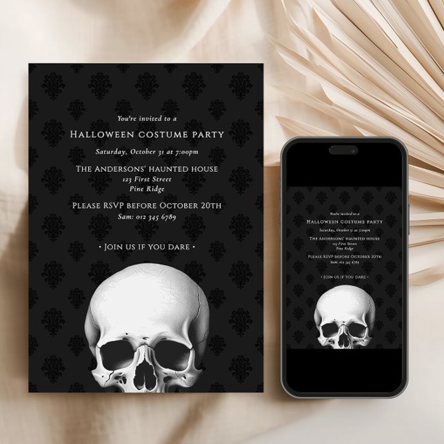 Elegant Gothic Skull Black Damask Halloween Party (Creator Uploaded)