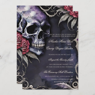 Elegant Gothic Skull & Red Roses Wedding Invitation