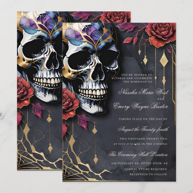 Elegant Gothic Skull & Red Roses Wedding Invitation (Front/Back)