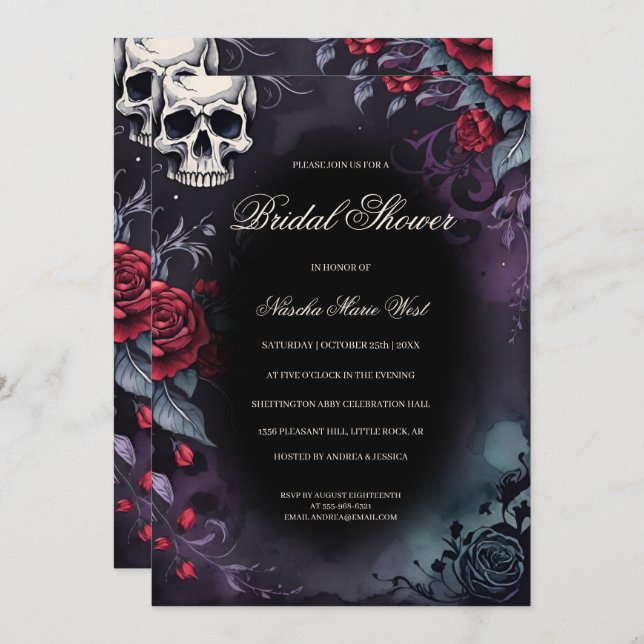 Elegant Gothic Skull & Roses Bridal Shower Invitation (Front/Back)