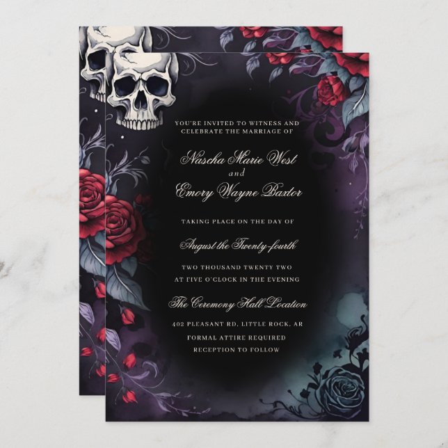 Elegant Gothic Skull & Roses Wedding Invitation (Front/Back)