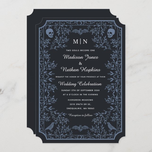 Elegant Gothic Skulls Ravens Wedding Invitation (Front/Back)