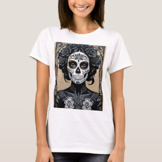 Elegant Gothic Sugar Skull Floral Art T-Shirt