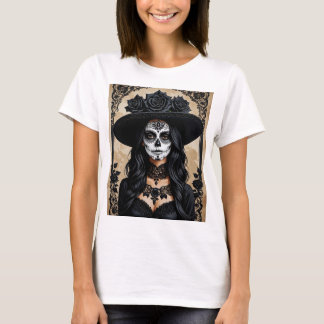 Elegant Gothic Sugar Skull Floral Art T-Shirt