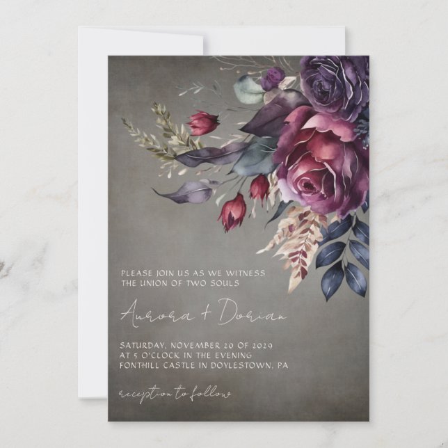 Elegant Gothic  Watercolor Floral Wedding  Invitation (Front)