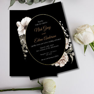 Elegant Gothic White Rose Black Wedding Invitation