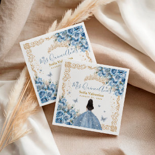 Elegant Gown Baby Blue Gold Mis Quince Anos Tiara Napkin