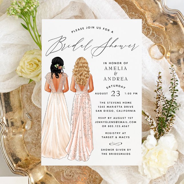 Elegant Gown Bridal Shower Two Girls Invitation (Creator Uploaded)
