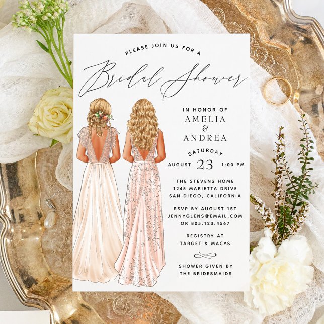 Elegant Gown Bridal Shower Two Girls Invitation (Creator Uploaded)