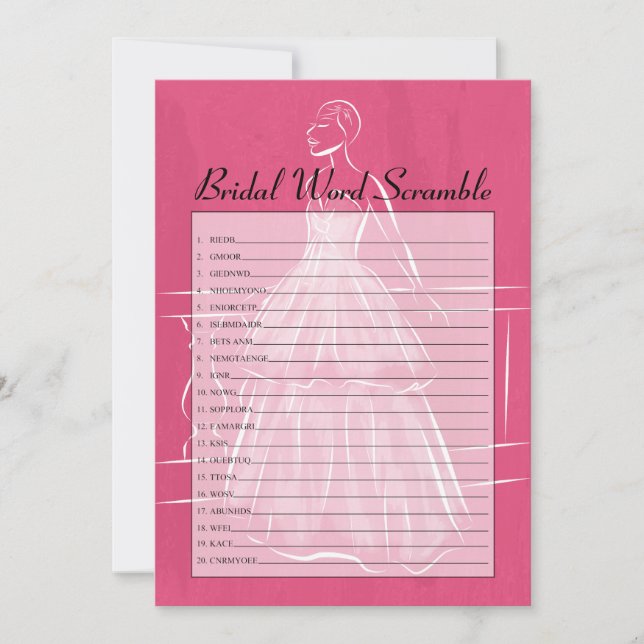 Elegant Gown Bridal Shower Word Scramble Game Card (Front)