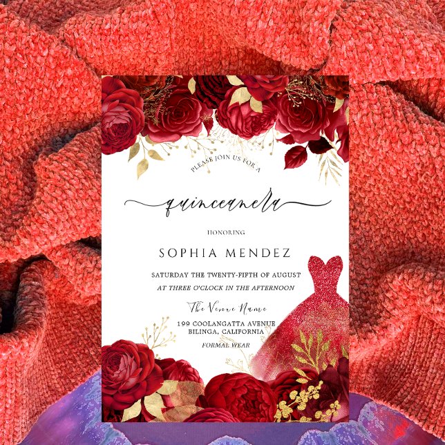 Elegant Gown Dress Red Roses Quinceanera Party Invitation (Creator Uploaded)