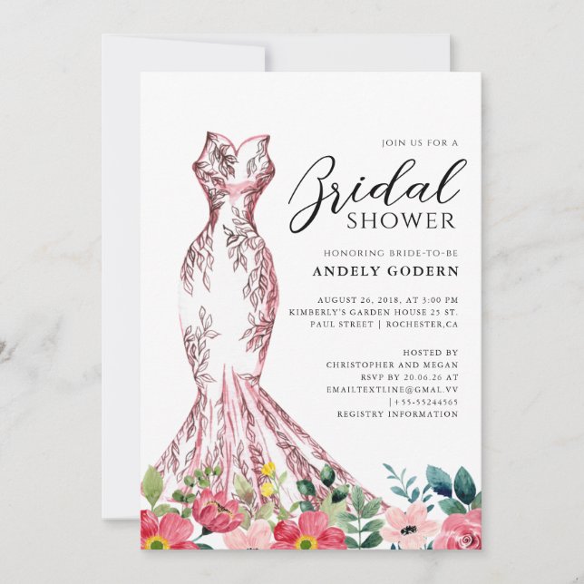 Elegant Gown Illustration with  Bridal Shower Invitation (Front)