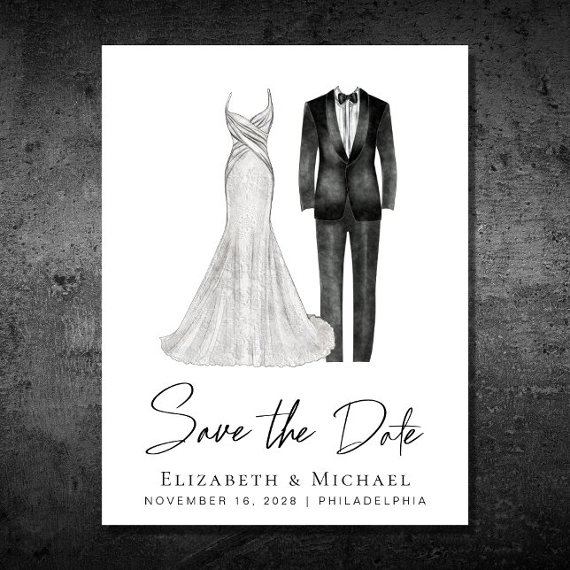 Elegant Gown Tuxedo Watercolor Announcement Postcard (Creator Uploaded)