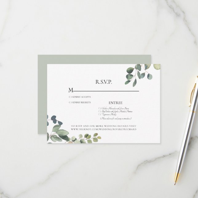 Elegant Grace Eucalyptus Sage Wedding RSVP Card (Front/Back In Situ)