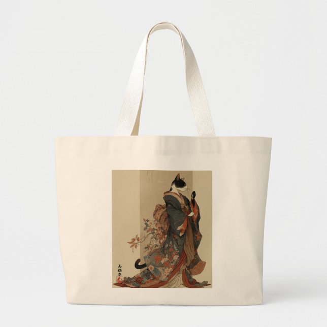 "Elegant Grace" Japanese Cat in Kimono Art Large Tote Bag (Front)