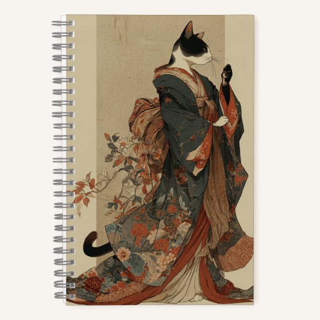 "Elegant Grace" Japanese Cat in Kimono Art Notebook (Front)