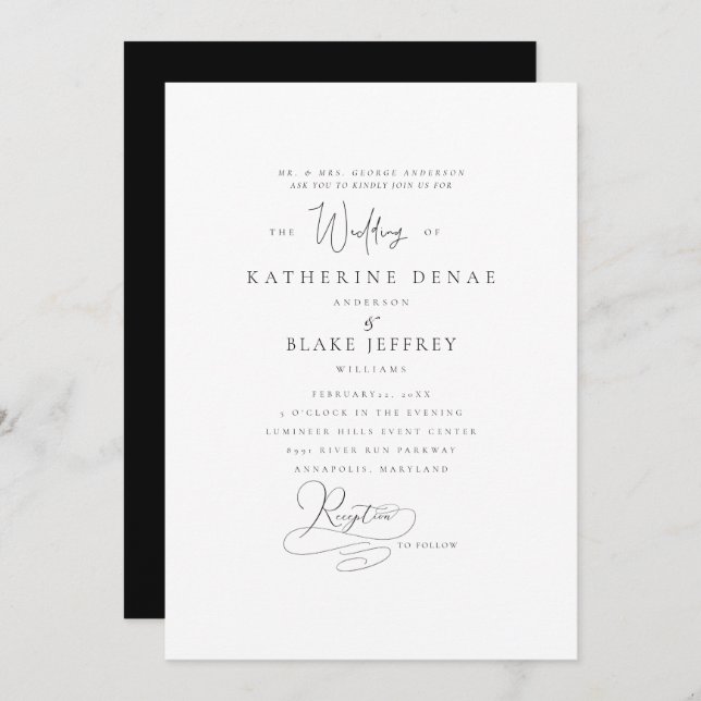 Elegant Grace Parents Listed B/W Wedding Invitation (Front/Back)