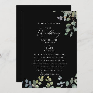 Elegant Grace Wedding All Black Eucalyptus Invitation