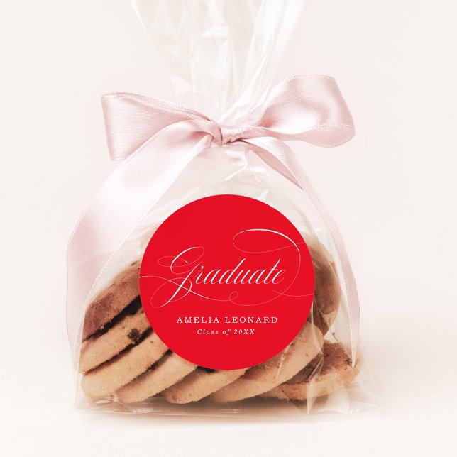 Elegant Grad Calligraphy Script Red Graduation Classic Round Sticker (Creator Uploaded)