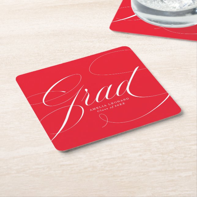 Elegant Grad Calligraphy Script Red Graduation Square Paper Coaster (Angled)