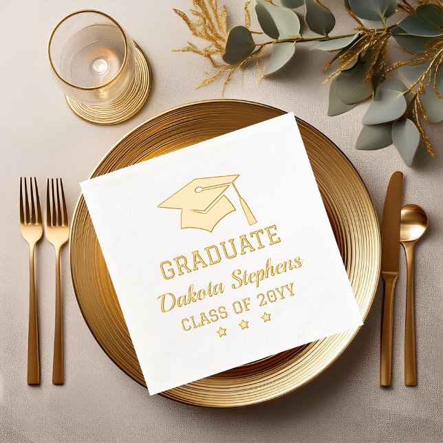Elegant Grad Cap and Stars Graduate Class Year  Foil Napkins ("GRADUATE" Grad Cap and Tassel Name and Class Year Graduation Gold Stamped Foil Napkins)