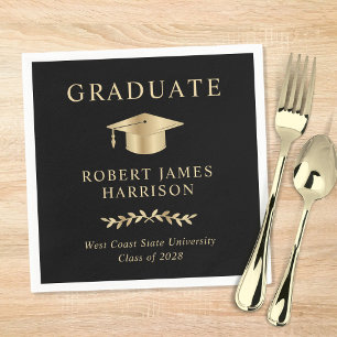 Elegant Grad Cap Black Gold Graduation Party Napkin