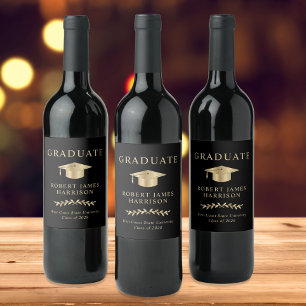 Elegant Grad Cap Black Gold Graduation Party Wine Label