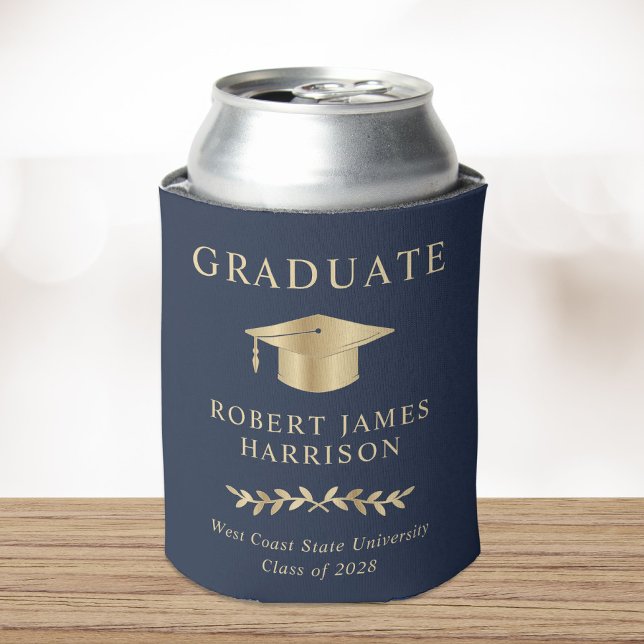 Elegant Grad Cap Blue Gold Graduation Party Can Cooler (Creator Uploaded)