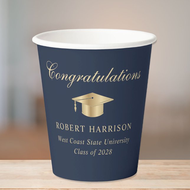 Elegant Grad Cap Blue Gold Graduation Party Paper Cups (Creator Uploaded)