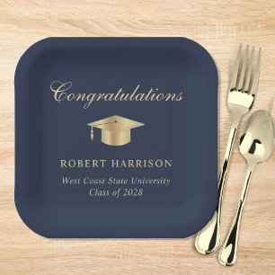 Elegant Grad Cap Blue Gold Graduation Party Paper Plate