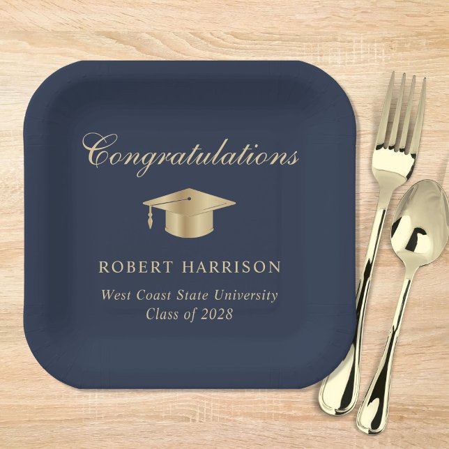 Elegant Grad Cap Blue Gold Graduation Party Paper Plate (Creator Uploaded)