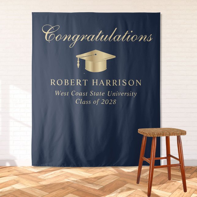 Elegant Grad Cap Blue Gold Graduation Welcome Tapestry (Creator Uploaded)