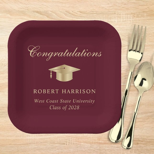 Elegant Grad Cap Burgundy Gold Graduation Party Paper Plate (Creator Uploaded)