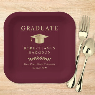 Elegant Grad Cap Burgundy Gold Graduation Party Paper Plate