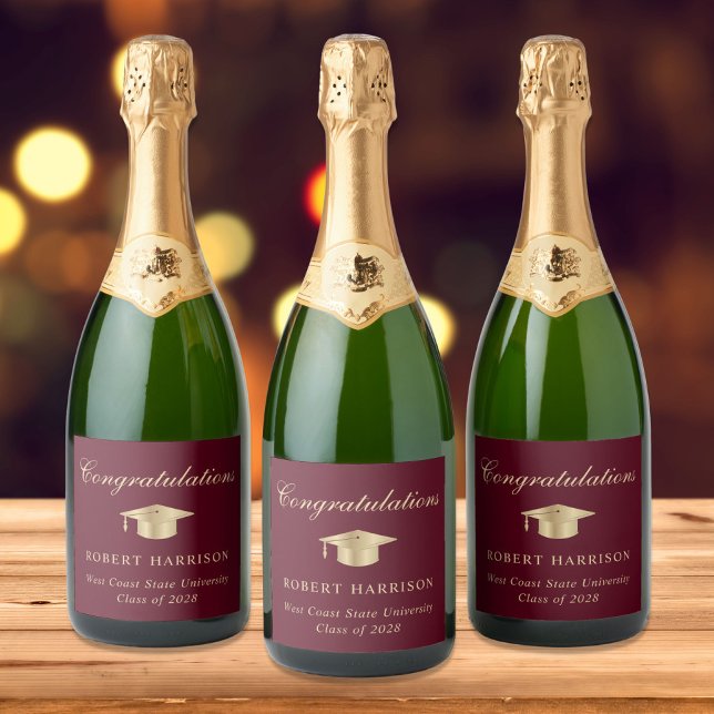 Elegant Grad Cap Burgundy Gold Graduation Party Sparkling Wine Label (Creator Uploaded)