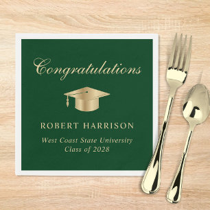 Elegant Grad Cap Green Gold Graduation Party Napkin