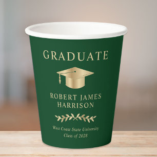 Elegant Grad Cap Green Gold Graduation Party Paper Cups