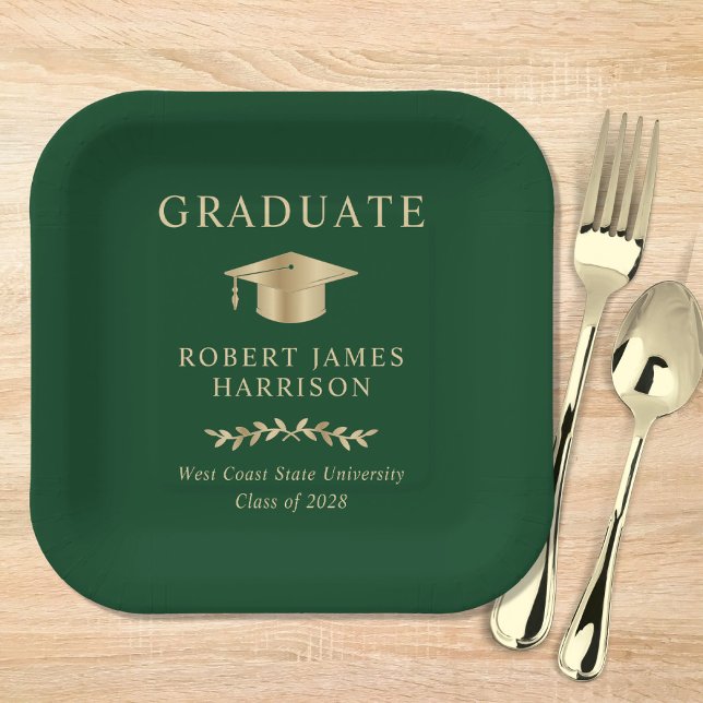 Elegant Grad Cap Green Gold Graduation Party Paper Plate (Creator Uploaded)