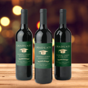 Elegant Grad Cap Green Gold Graduation Party Wine Label