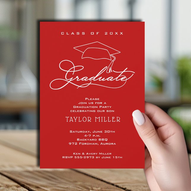 Elegant Grad Cap Scarlet Graduation Invitation (Elegant white script and grad hat scarlet red graduation party invitations)