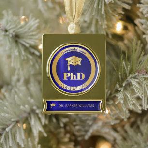 Elegant Grad Cap School PhD Graduate Graduation Gold Plated Banner Ornament