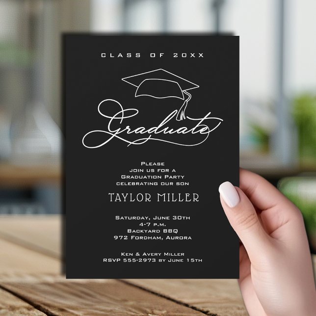 Elegant Grad Hat Black Graduation Invitation (Elegant white script and grad hat Black graduation party invitations)