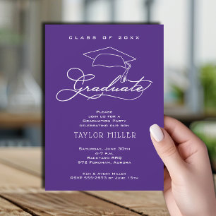 Elegant Grad Hat Purple Graduation Invitation