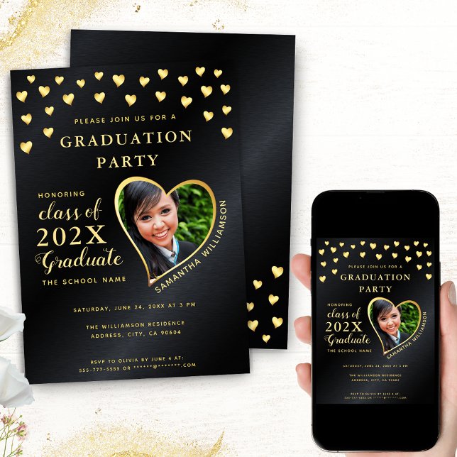 Elegant Grad Photo Black and Gold Graduation Invitation (Choose your format among these options: Printed; Printed + Instant Download; Instant Download)